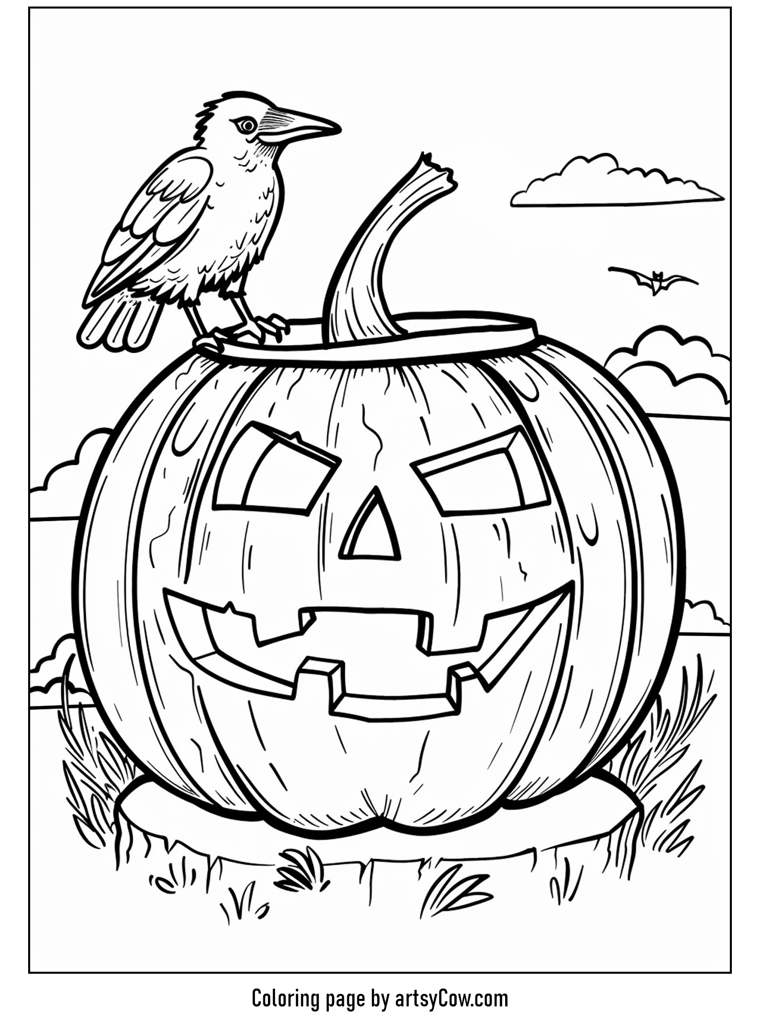 halloween pumpkin drawings for kids featuring a cheerful pumpkin and a friendly crow perched on top.